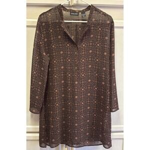 New York & Company Brown Sheer Tunic Top L Long Sleeve Patterned Blouse